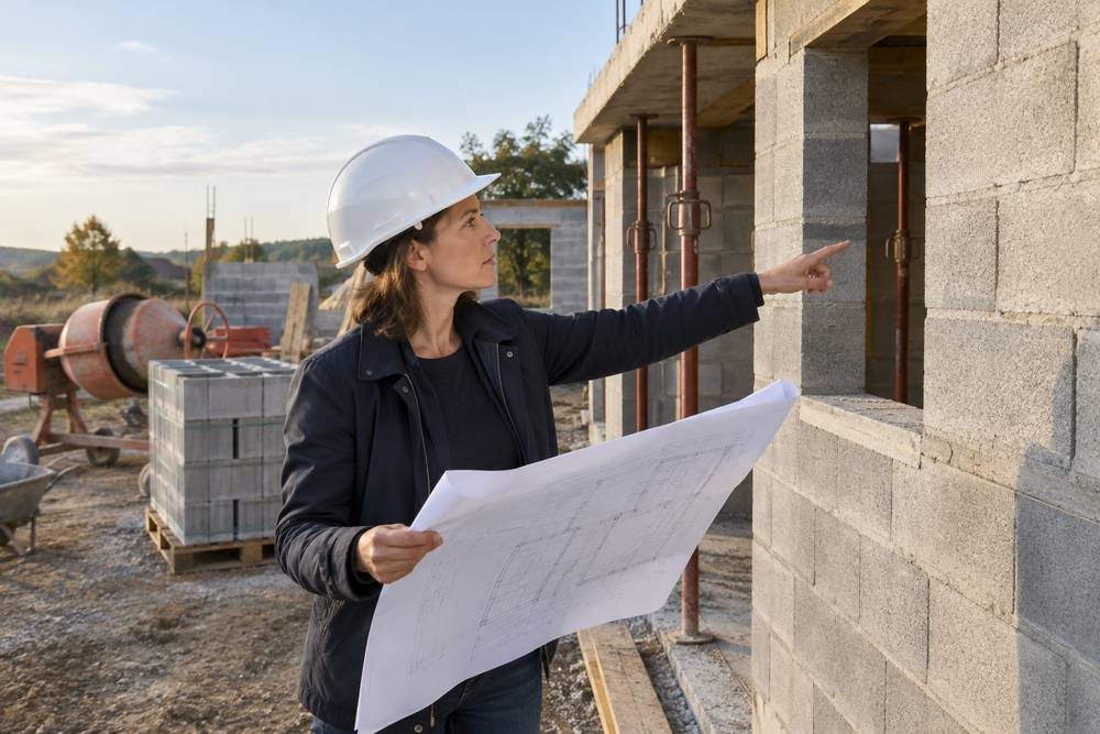 Architecte en casque blanc tenant un plan déroulé et désignant une ouverture de fenêtre sur le chantier d'une maison en blocs béton, bétonnière et palette de parpaings à l'arrière