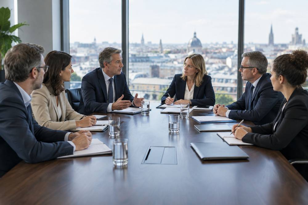 Six administrateurs réunis autour d'une longue table de conseil, devant une baie vitrée qui donne sur les toits d'une ville européenne