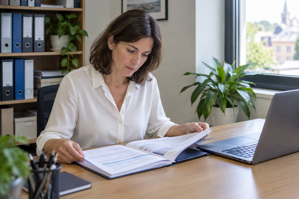 Dans le bureau d'un cabinet de courtage, une courtière consulte un dossier client imprimé à côté d'un ordinateur portable, devant une étagère de classeurs