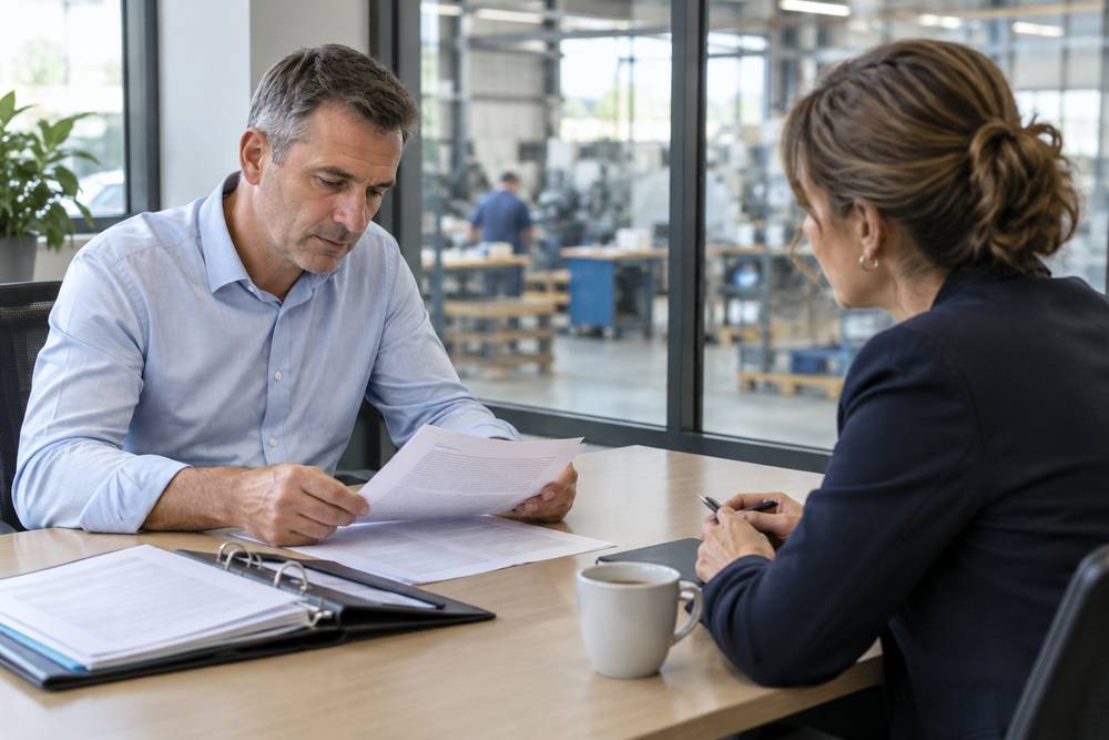 Dans un bureau vitré donnant sur un atelier, un dirigeant de PME relit un contrat imprimé face à une conseillère, un classeur ouvert et une tasse de café sur la table